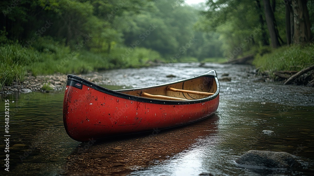 Overturned Red Canoe on Serene Shoreline Surrounded by Lush Greenery and Calm Water Reflections