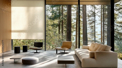 Minimal living room with smart blinds that adjust to natural light, neutral tones, and a breathtaking forest view outside. -