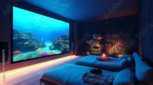 Minimalist home theater with a projector displaying an underwater scene, soft floor cushions, and a sleek sound system surrounding the space.