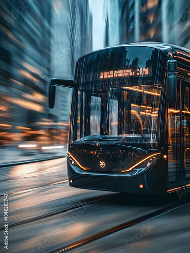 A close-up of a sleek electric bus gliding on the city street at night