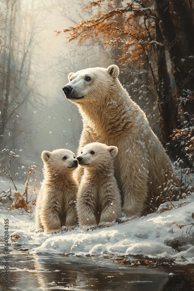 Polar bear mother with two cubs on snow, arctic landscape, serene and nurturing Polar bear mother with two cubs on snow, arctic landscape, serene and nurturing