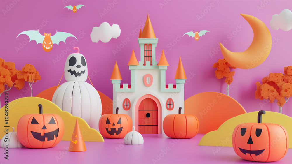 Fototapeta premium Enchanting Halloween purple Paper Art Scenes with Jack-o-Lanterns and Gothic Castles