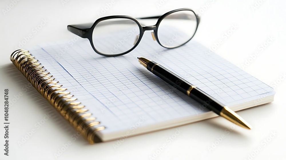 Office supplies such as a notebook glasses and pen neatly displayed on a simple white surface Office supplies such as a notebook glasses and pen neatly displayed on a simple white surface
