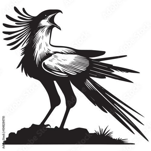 Secretarybird Silhouette Design - Secretarybird Bird Vector illustration in black and white