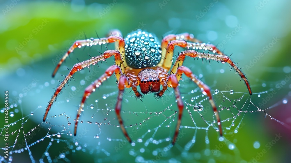 Fototapeta premium Intricate Spider Web Adorned with Dewdrops, Captivating close-up revealing delicate strands glistening in morning light, nature's artistry on display
