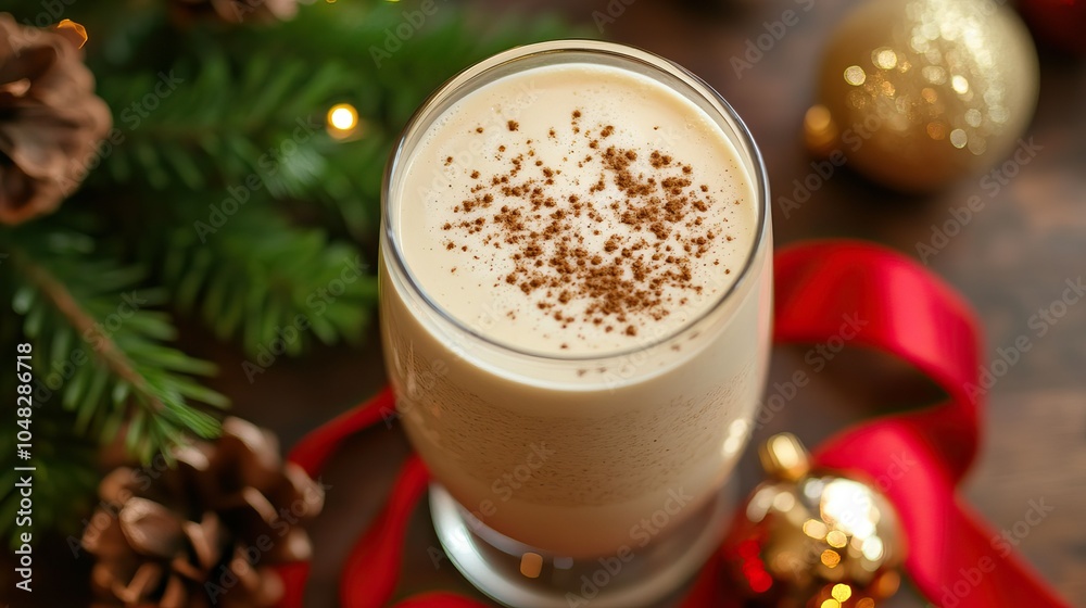 Glass of eggnog with nutmeg sprinkle, pine branches, gold and red baubles on red fabric, Christmas decorations Glass of eggnog with nutmeg sprinkle, pine branches, gold and red baubles on red fabric, Christmas decorations