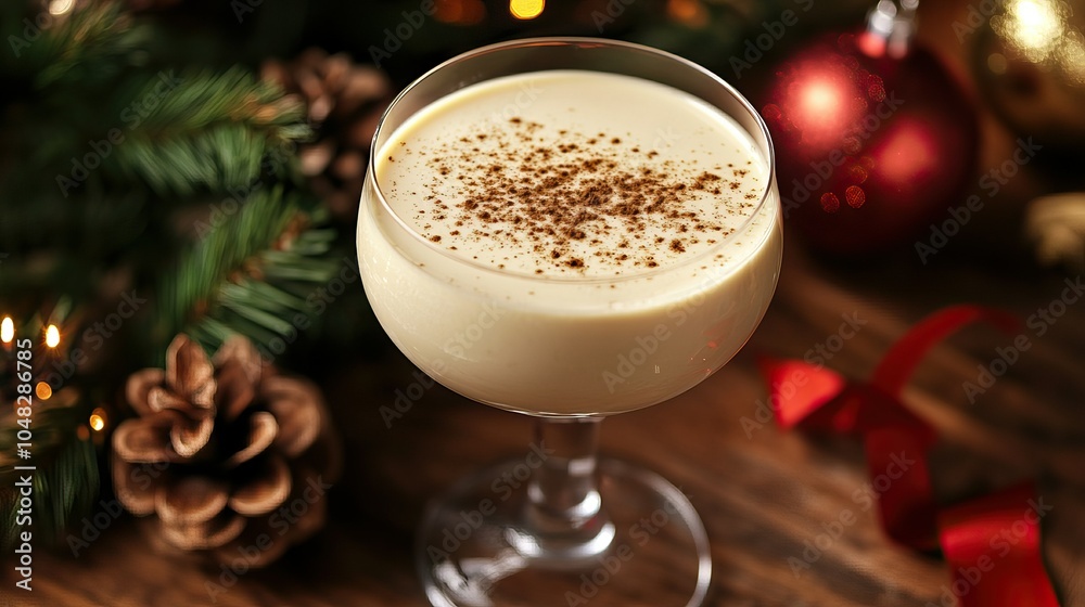 Glass of eggnog with nutmeg sprinkle, pine branches, red bauble, and pinecone on wooden surface, Christmas setting Glass of eggnog with nutmeg sprinkle, pine branches, red bauble, and pinecone on wooden surface, Christmas setting