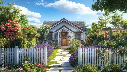 Cottage garden with lavender and roses encircles a charming suburban bungalow.