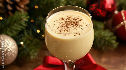 Glass of eggnog with nutmeg sprinkle, pine branches, red ribbon, and gold bauble on wooden surface, Christmas theme photo