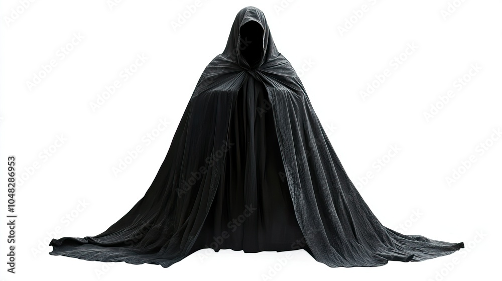 Figure wearing long black cloak and hood standing on white background, full body view, mysterious silhouette Figure wearing long black cloak and hood standing on white background, full body view, mysterious silhouette