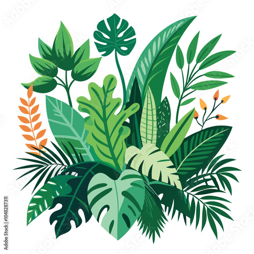 Tropical Leaves and Jungle Foliage Plant Bush - Isolated on White Background.