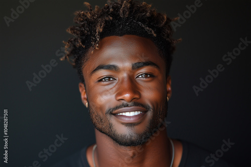 male model 25 years old, very short Textured Crop, powdery haircolour, smiling, dark plain Background photo