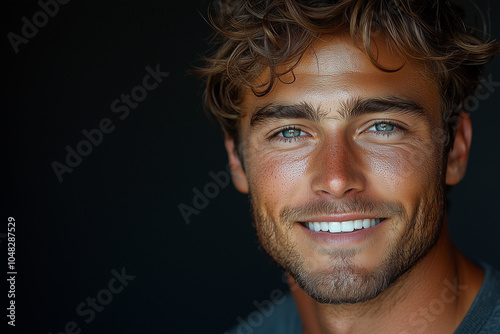 male model 25 years old, very short Textured Crop, powdery haircolour, smiling, dark plain Background photo