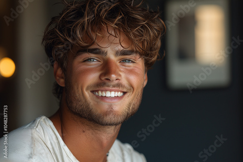 male model 25 years old, very short Textured Crop, powdery haircolour, smiling, dark plain Background photo