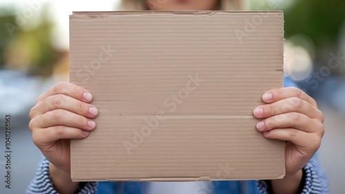 Individual holding a blank cardboard sign, ready for messages or advertising on a sunny day outdoors. photo