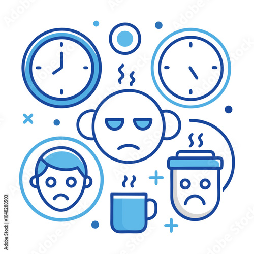  Blue Monday Emotions, Faces Showing Sad to Stressed with Coffee Cups and Clocks.