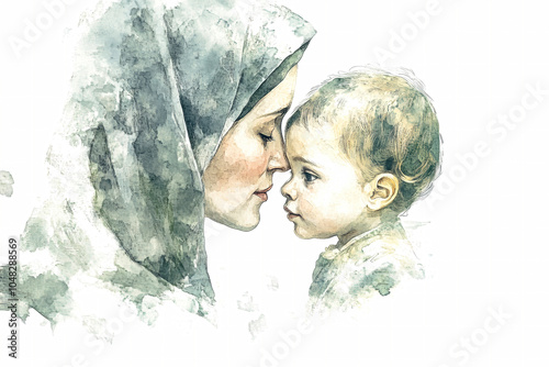 Soft watercolor illustration of Madonna and Child highlighting their tender connection in a minimalist style against a white background photo