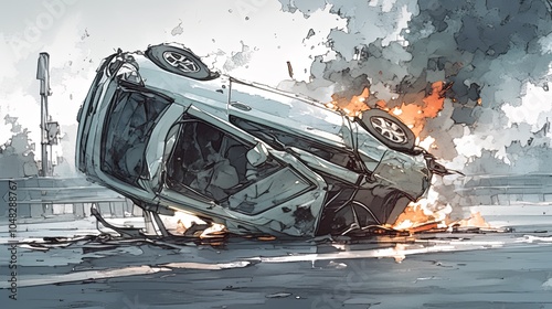 An overturned car catches fire after a catastrophic accident on a highway, illustrating the dramatic consequences of high-speed crashes with intense imagery.