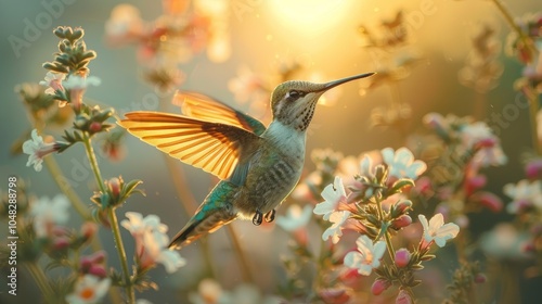 A graceful hummingbird hovers midflight surrounded by vibrant flowers and bathed in golden light, capturing the essence of natural beauty and fleeting moments. photo