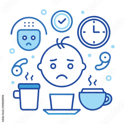  Blue Monday Emotions, Faces Showing Sad to Stressed with Coffee Cups and Clocks.