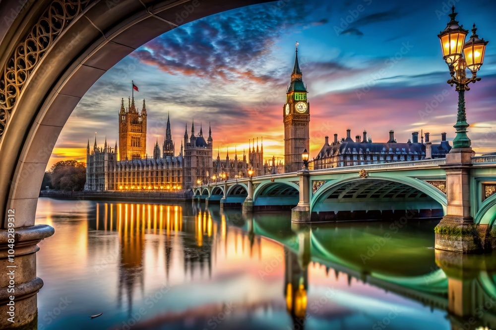 Fototapeta premium Stunning View of Westminster Bridge at Dusk with Iconic Architecture and Calm River Scene for Travel and Tourism