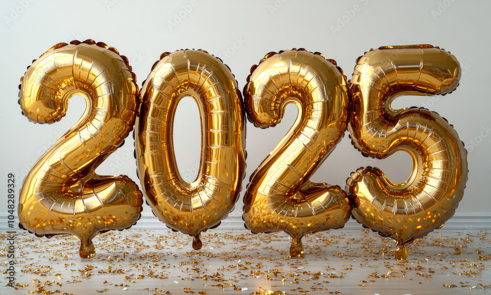 A bunch of balloons with the numbers 2025. The balloons are gold and are scattered on the floor A bunch of balloons with the numbers 2025. The balloons are gold and are scattered on the floor