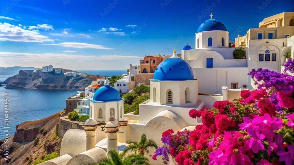 Obraz premium Stunning White Architecture of Oia Town on Santorini Island, Greece with Scenic Views and Clear Sky