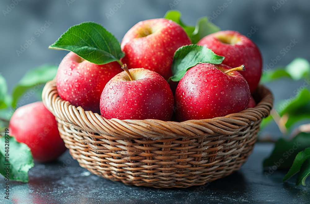 A basket of red apples with green leaves on top. The apples are shiny and wet, and the basket is made of woven material. Concept of freshness and abundance, as the apples are ripe A basket of red apples with green leaves on top. The apples are shiny and wet, and the basket is made of woven material. Concept of freshness and abundance, as the apples are ripe