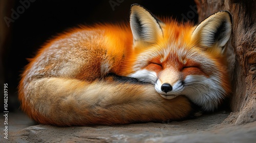 Serene Red Fox Curled Up Asleep in Nature - Captivating Wildlife Photography of a Resting Fox