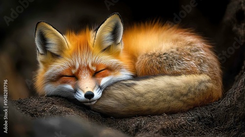 Serene Red Fox Curled Up Asleep in Cozy Natural Environment Captured in High-Quality Photography