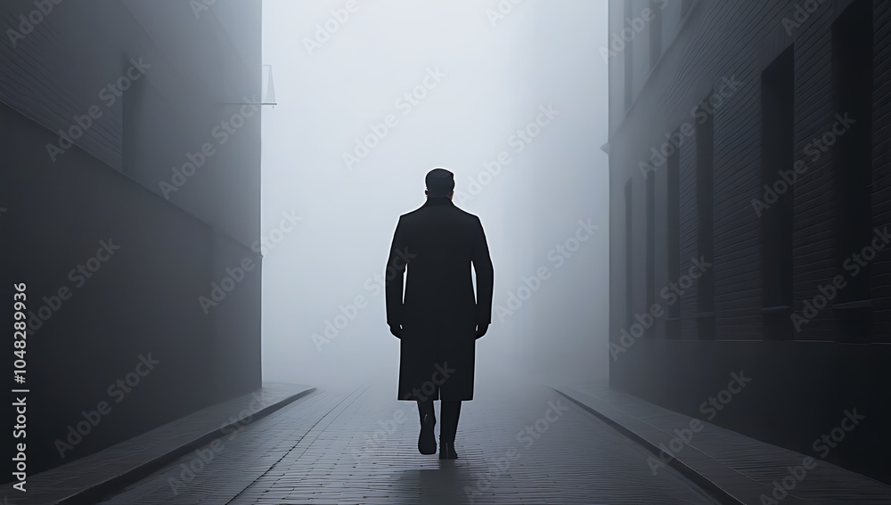 Fototapeta premium mysterious figure black coat walking foggy city alley evoking suspense