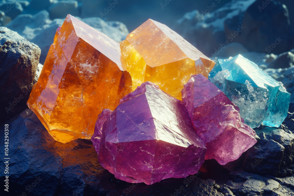 Obraz premium A collection of colorful crystals with a variety of shapes and sizes, set against a rocky background with a blurred, misty atmosphere