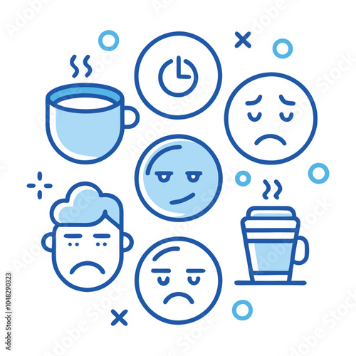 Blue Monday Emotions, Faces Showing Sad to Stressed with Coffee Cups and Clocks.