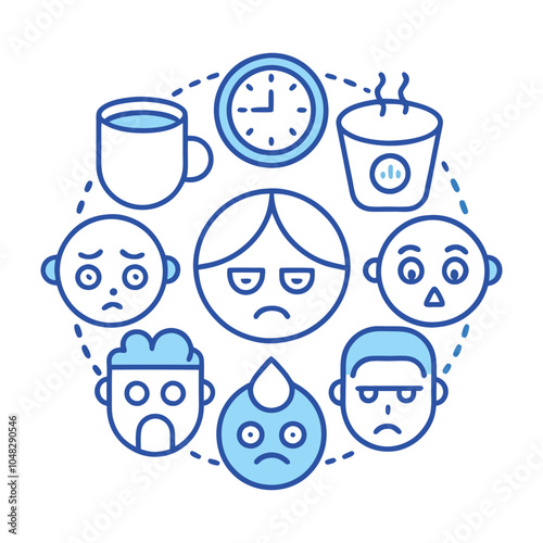  Blue Monday Emotions, Faces Showing Sad to Stressed with Coffee Cups and Clocks.