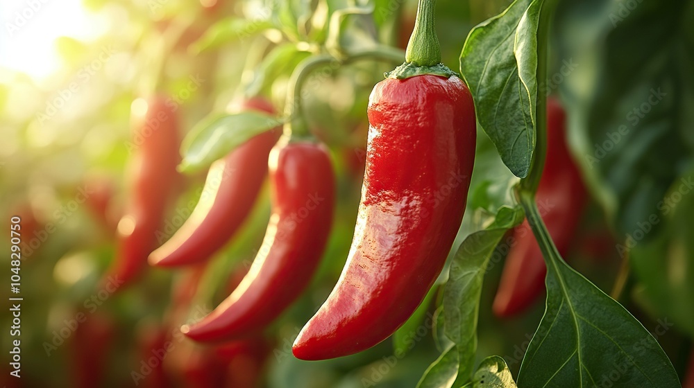 Ripe Andiklin Red Chili Pepper Hanging From A Vine, Perfectly Ready For Harvesting And Cooking Ripe Andiklin Red Chili Pepper Hanging From A Vine, Perfectly Ready For Harvesting And Cooking