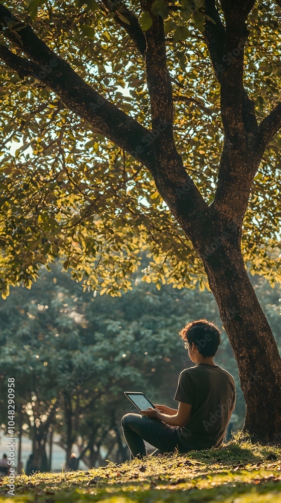 Fototapeta premium Student Enjoying Nature While Attending Online Lecture from Tablet Under Tree