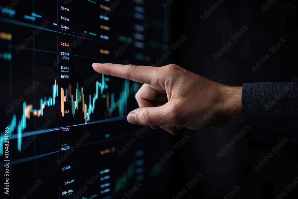 Close-up of a hand pointing at stock market graphs on a digital screen, showing trading data and analysis. Close-up of a hand pointing at stock market graphs on a digital screen, showing trading data and analysis.
