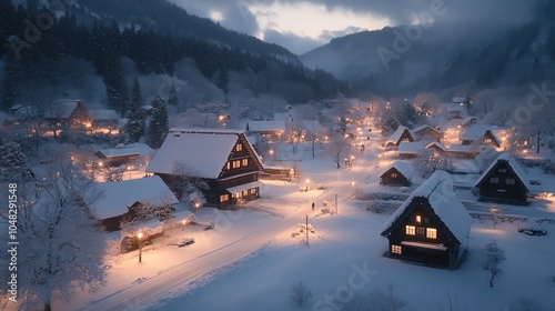 Cozy snow-covered village at dusk with warm lights glowing from the houses, nestled in a serene mountain landscape under a cloudy sky.