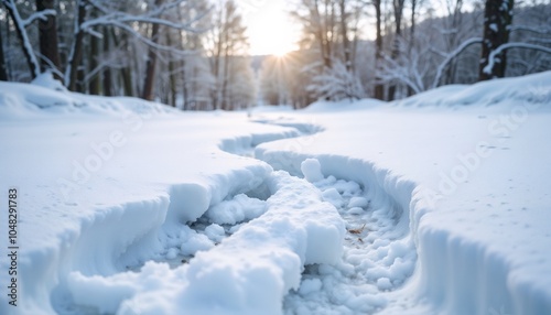 Serene Winter Path Through Snow-Covered Forest with Golden Sunburst