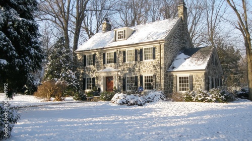 Colonial architecture defines an elegant stone home in a suburban environment.