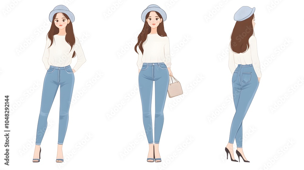 Fototapeta premium Three views of the same girl wearing blue jeans, a white long-sleeved shirt, and a beret with a bag in her hand, art