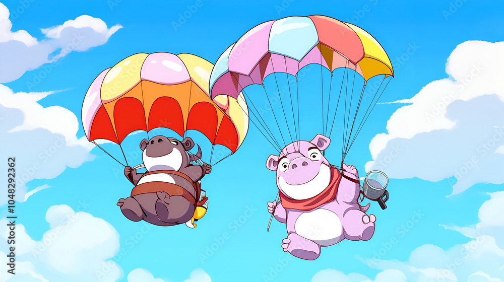 Illustration image a full covered image of a parachute with safety gear sets, with 2 hippopotamus in the air with blue sky background.