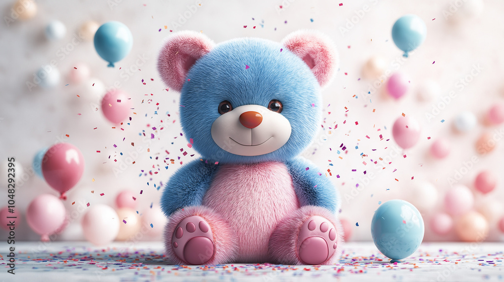 Fototapeta premium Cute blue and pink teddy bear with balloons and confetti