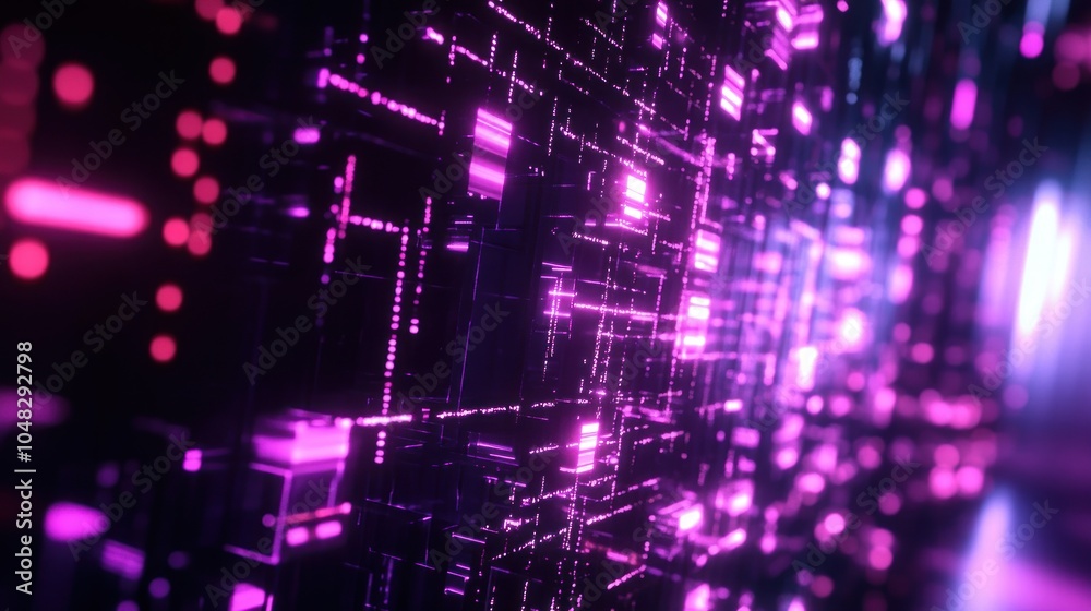 Abstract 3D Grid with Glowing Pink Lines and Lights