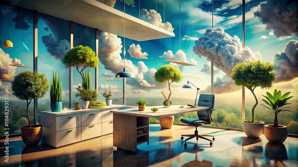 Fototapeta premium Surreal Business Corner: A Dreamlike Workspace Blending Reality and Imagination for Creative Professionals