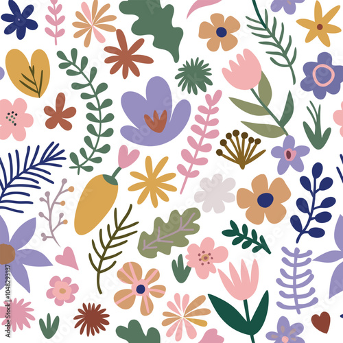 Abstract seamless flowers pattern, vector illustration wildflowers botanical elements design for website, fabric, bendin.