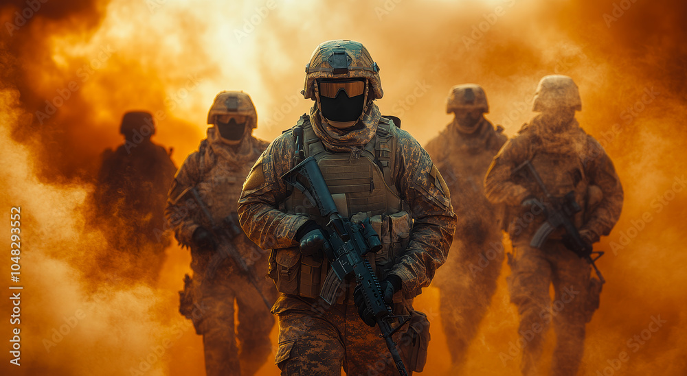 Naklejka premium A group of soldiers are standing in a desert, with one of them holding a rifle. The scene is intense and dramatic, with the soldiers looking determined and focused