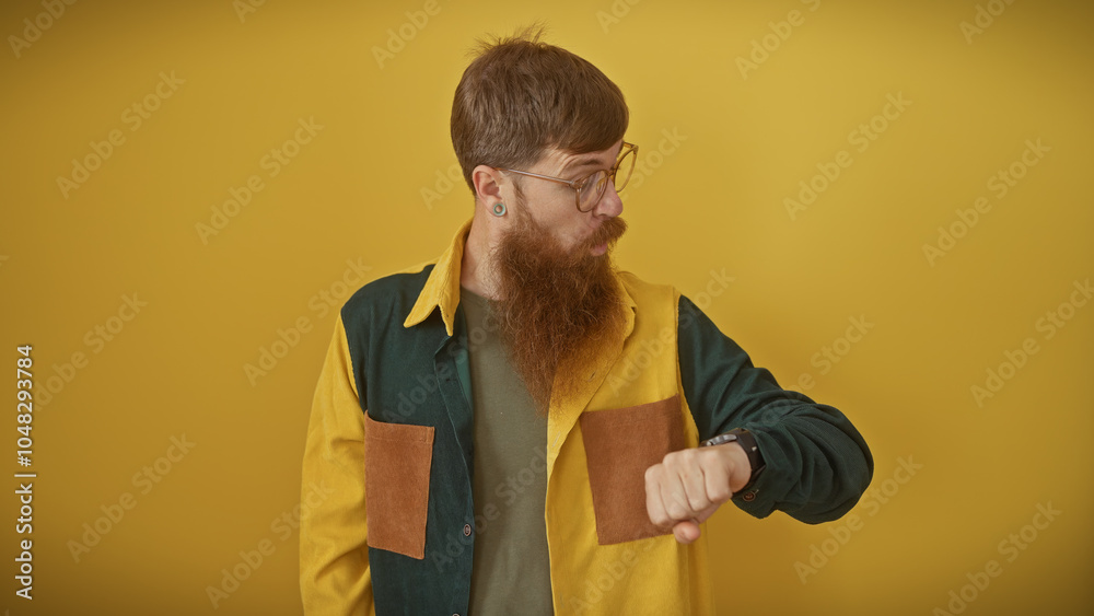 Hipster redhead man with beard and glasses over yellow background Hipster redhead man with beard and glasses over yellow background