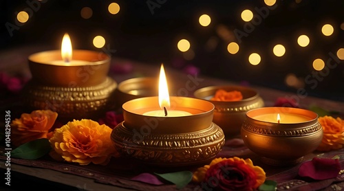 Diwali Diyas and Floral Rangoli with Traditional Brass Urn photo