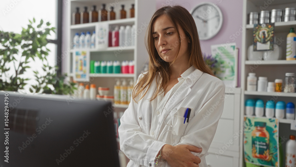 A young caucasian woman in a pharmacy, dressed in a white lab coat, stands indoors in a modern drugstore, appearing thoughtful while looking at a computer monitor. A young caucasian woman in a pharmacy, dressed in a white lab coat, stands indoors in a modern drugstore, appearing thoughtful while looking at a computer monitor.